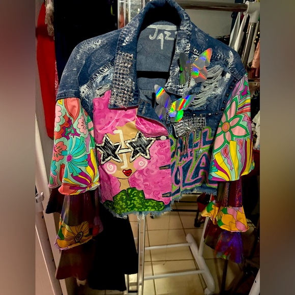 Jazz Jackets & Blazers - Vibrant Women's Jean Jacket by PR Designer Jazz with Artistic Flair. Fits 2x- 3x